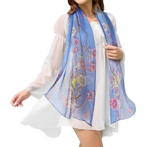Women's Blue-flower Fashion Lightweight Head Scarf Floral Print Chiffon Scarves